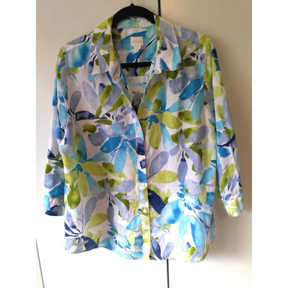 Chicos Floral 100% Linen Button Down Shirt Size 2 /L Coastal Chic Resort Artsy